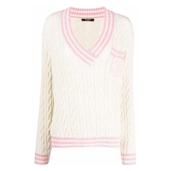 Balmain Sweaters - Balmain - Wool-Blend Cable Knit Sweater With Patch - FR 38